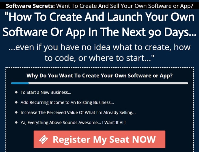 Screenshot of software secrets page on how to create and launch your own software or app in the next 90 days. Make money online from home today.