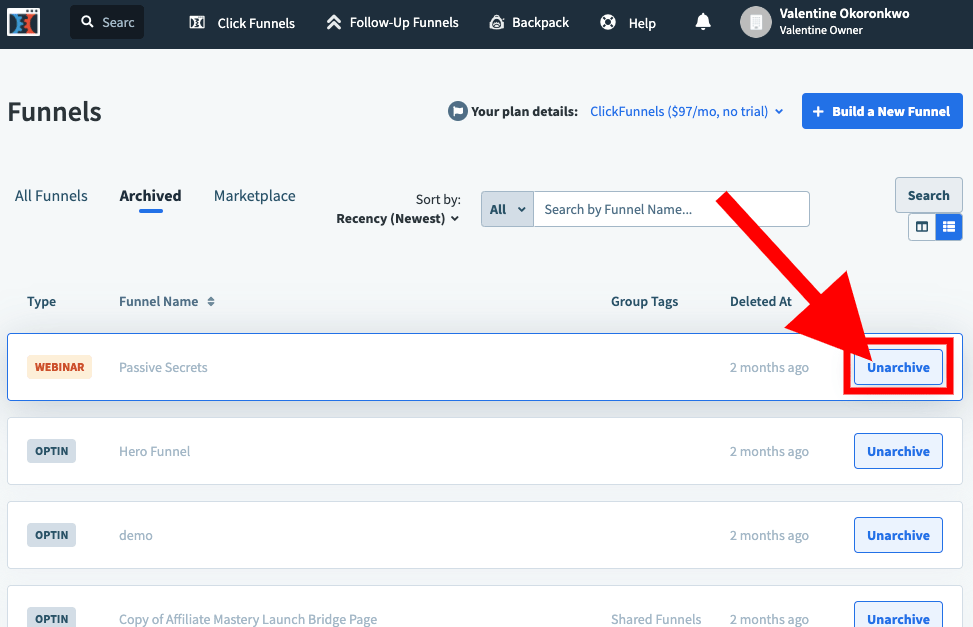 How To Restore An Archived Funnel In ClickFunnels step 2