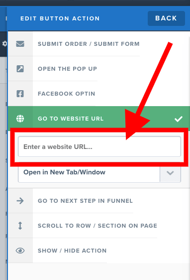 paste url in button settings set action