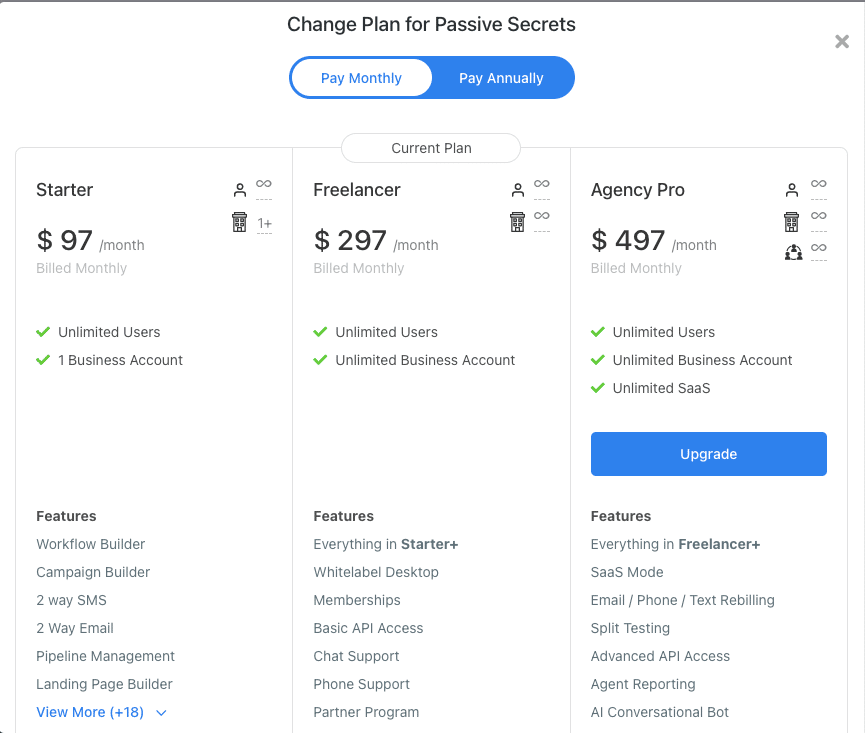 gohighlevel pricing in dashboard