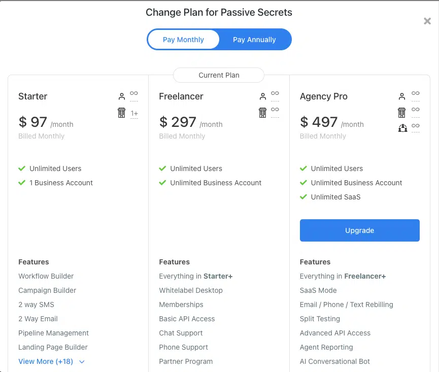 gohighlevel pricing in dashboard