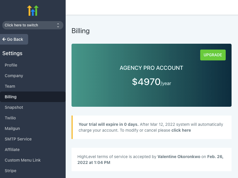 go to billing page in settings when you want to cancel your go high level account