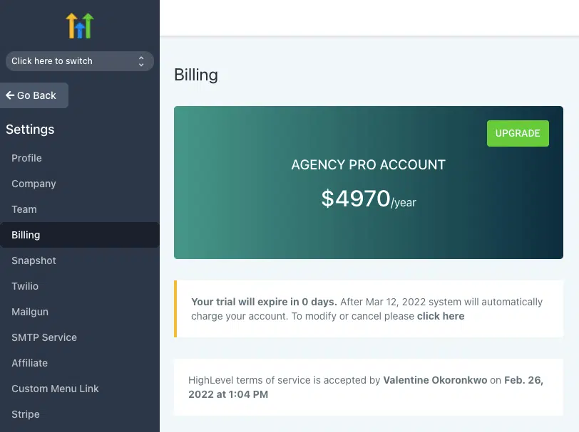 go to billing page in settings when you want to cancel your go high level account