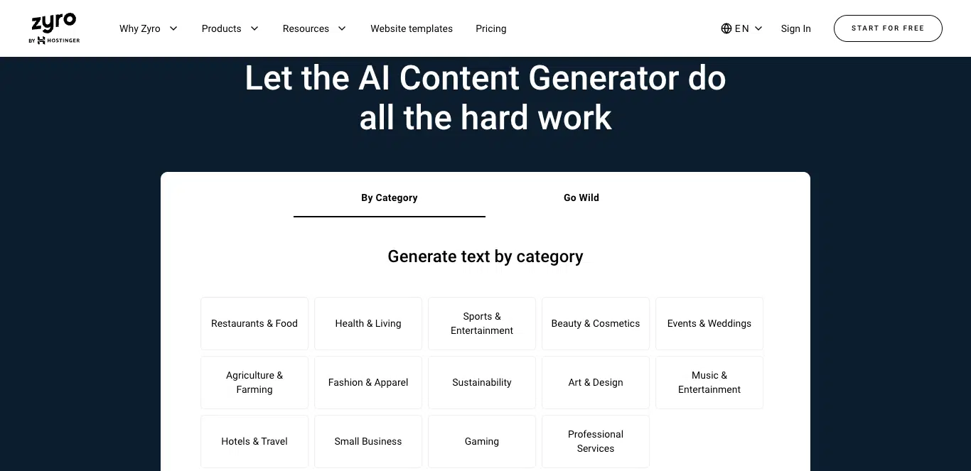 zyro content generator homepage