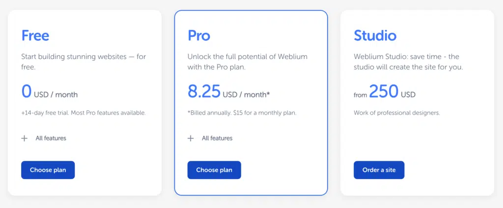 weblium pricing plans