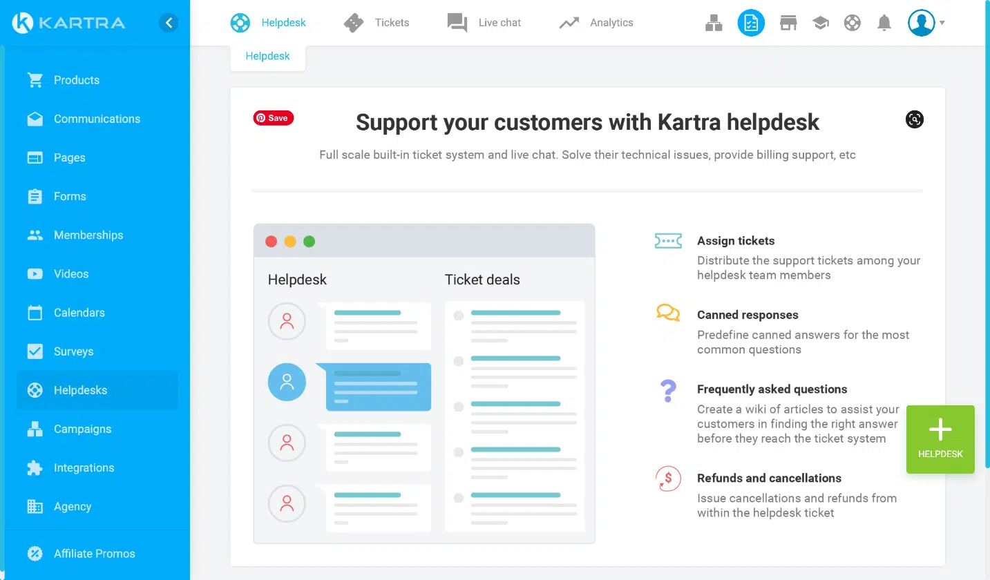 kartra helpdesk portal in dashboard screenshot