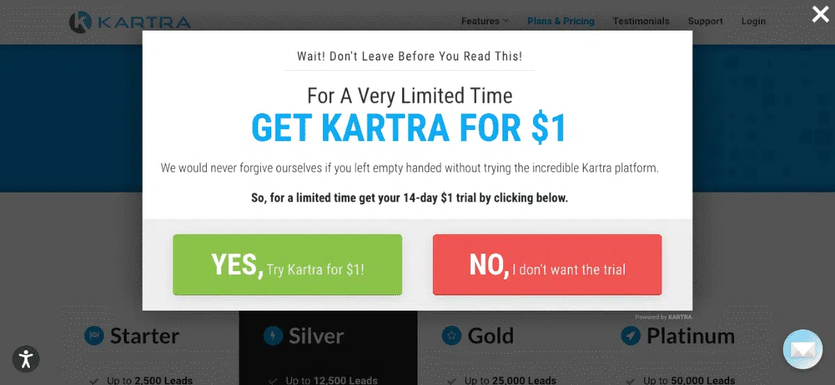 kartra $1 trial pop up image screenshot