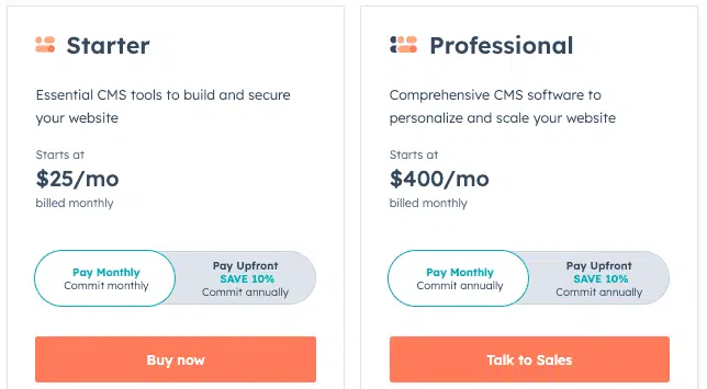 hubspot cms pricing plan starter and professional