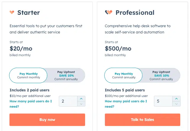 hubspot customer service pricing plan starter and professional