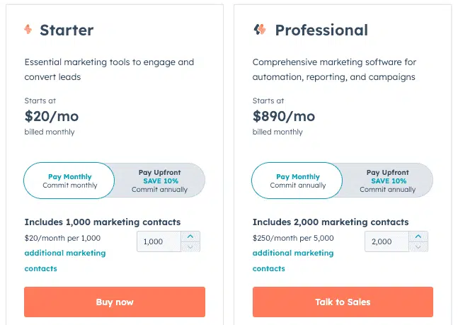 hubspot marketing pricing plan starter and professional
