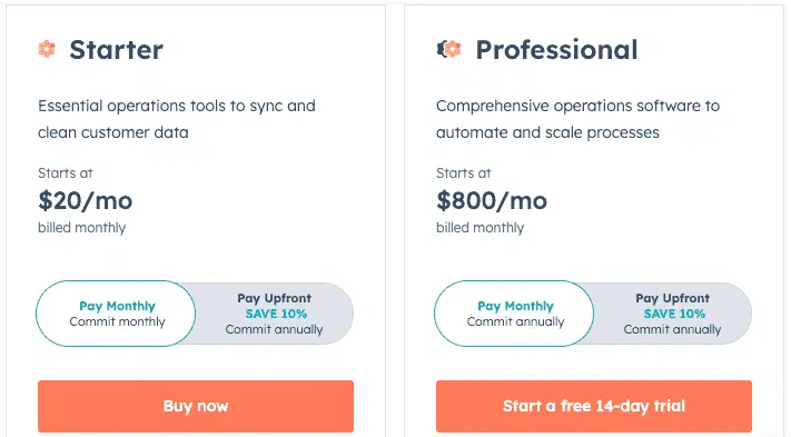 hubspot operations pricing plan starter and professional