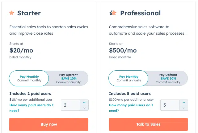 hubspot sales pricing plan starter and professional