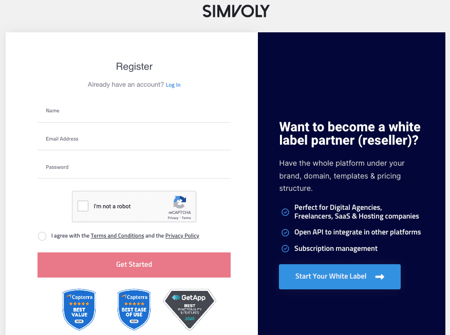 simvoly register page