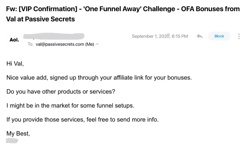 one funnel away done for you affiliate bonuses testimonial 1